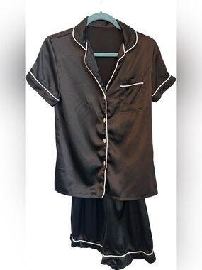 Lyaner Black Satin Pajama Set Short Sleeve Button Up Top Shorts XS